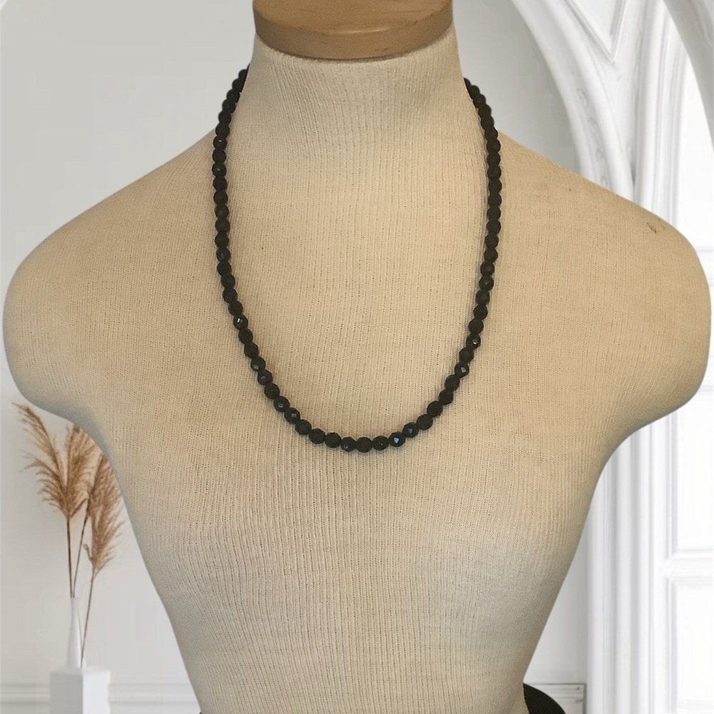 Vintage Glass 12” Necklace 6.8mm Black Faceted Mourning Beads Barrel Clasp
